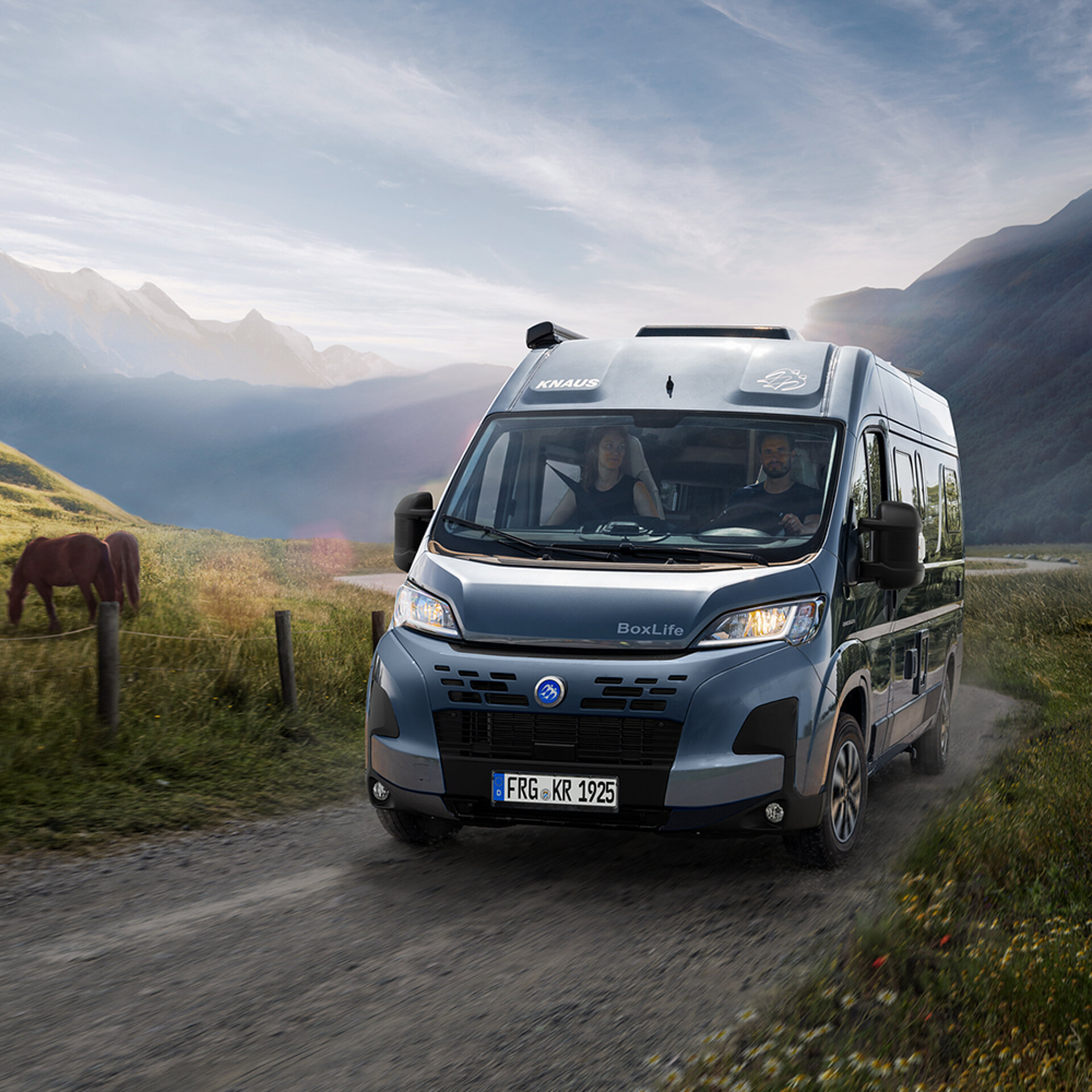 Ein KNAUS Camper Van fährt auf eine Landstraße neben einer Pferdewiese entlang.