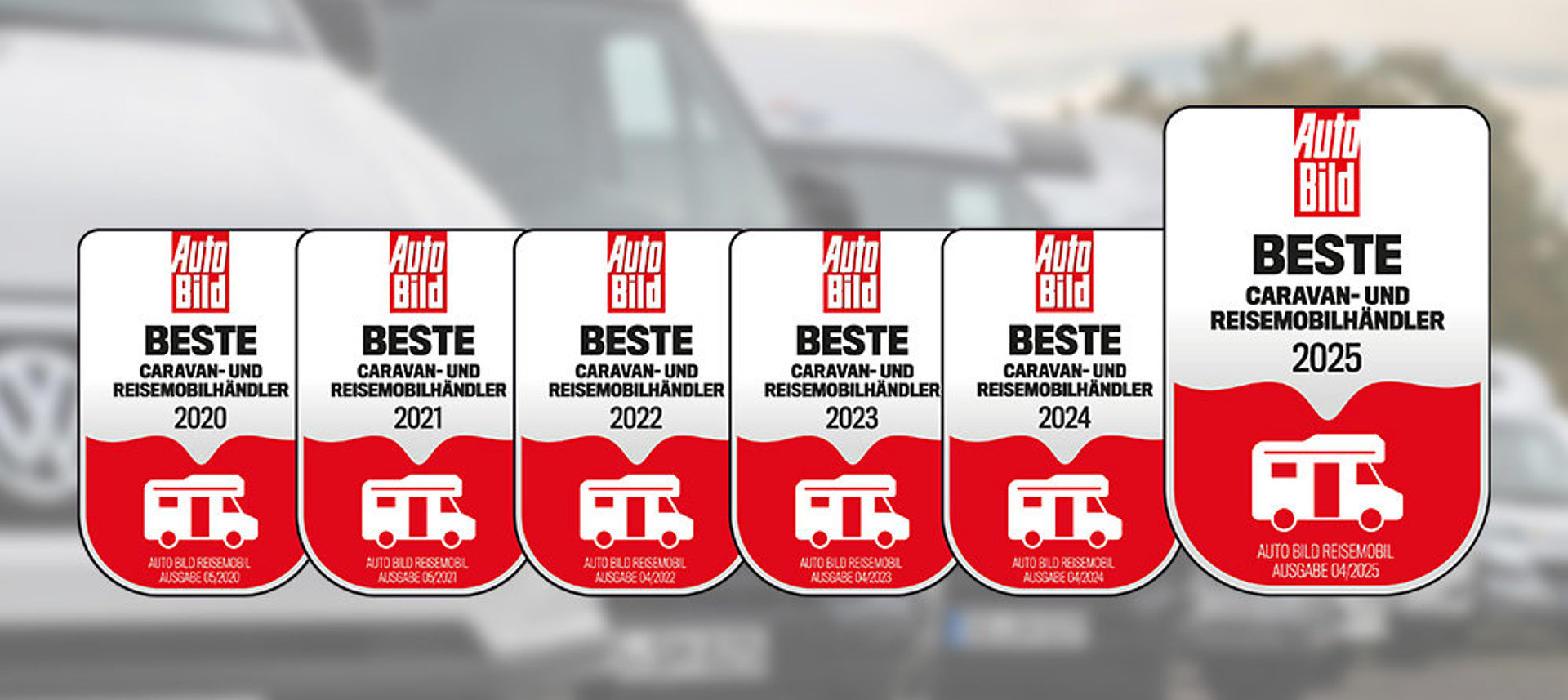 Die sechs Auszeichnungslogos als AUTO BILD REISEMOBIL bester Reisemobilhändler. 