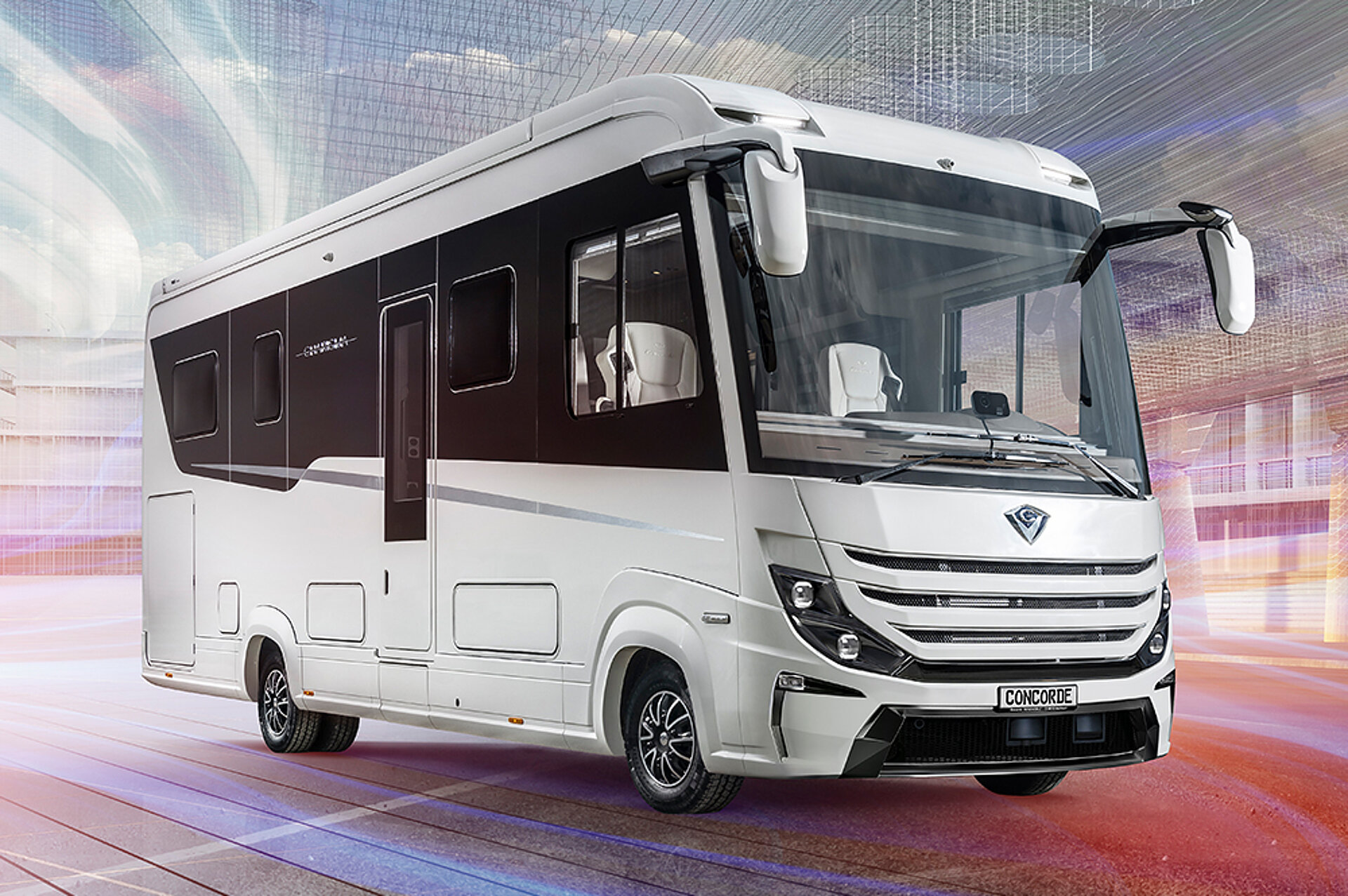 Entdecken Sie die Shadow Line bei schaffer-mobil! Ein Concorde Charisma steht vor einem futuristischen Gebäude.