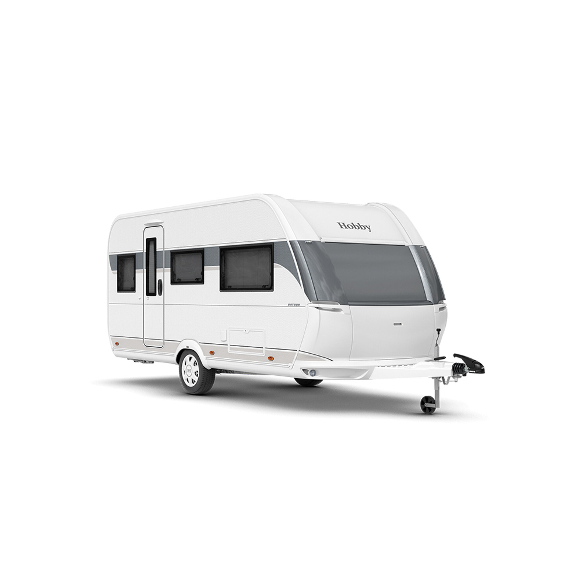 Der Hobby ONTOUR Wohnwagen freigestellt von schräg vorne.