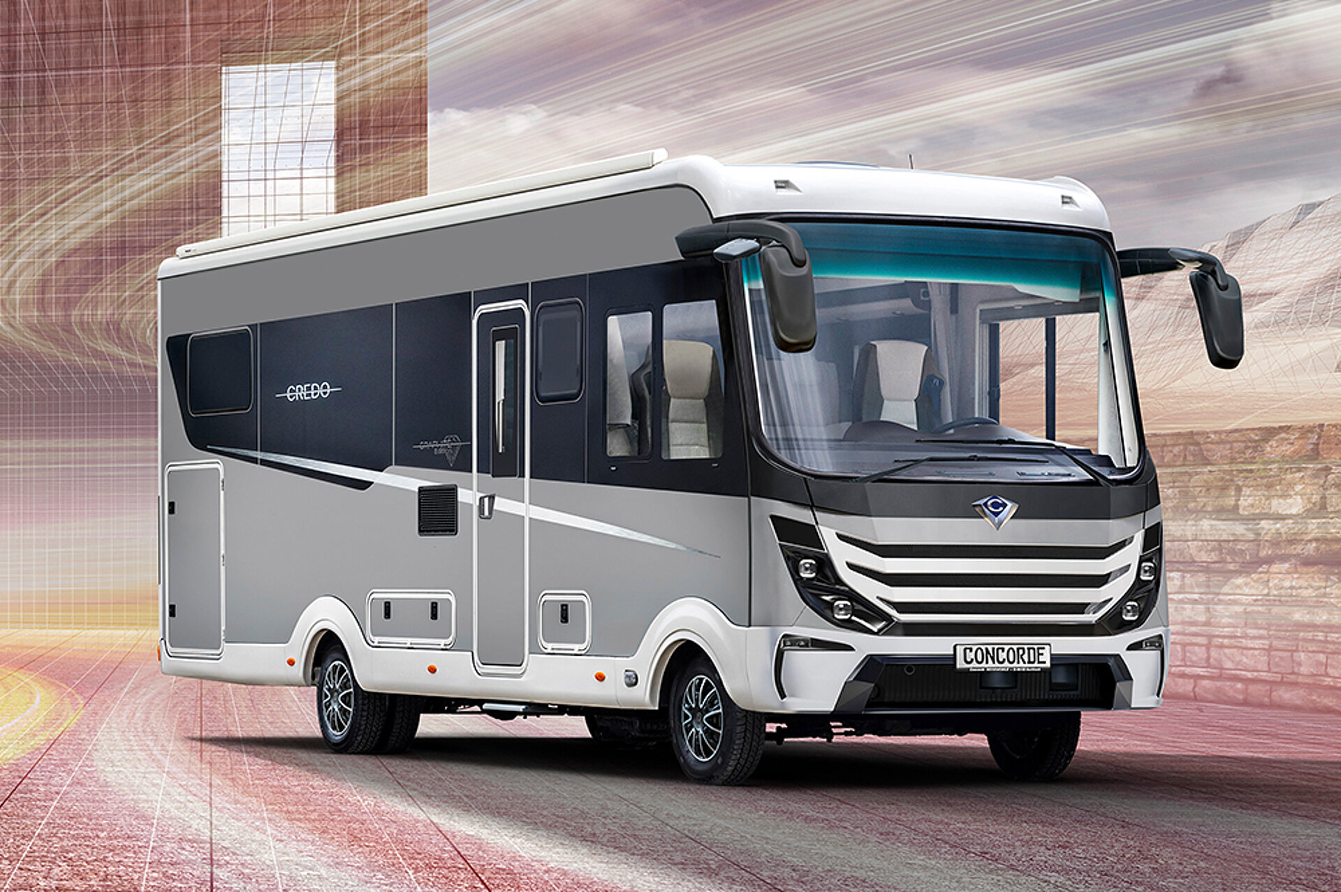 Entdecken Sie die Graphite Edition! Ein Concorde Credo in der Graphite Edition steht auf einer futuristischen Straße.