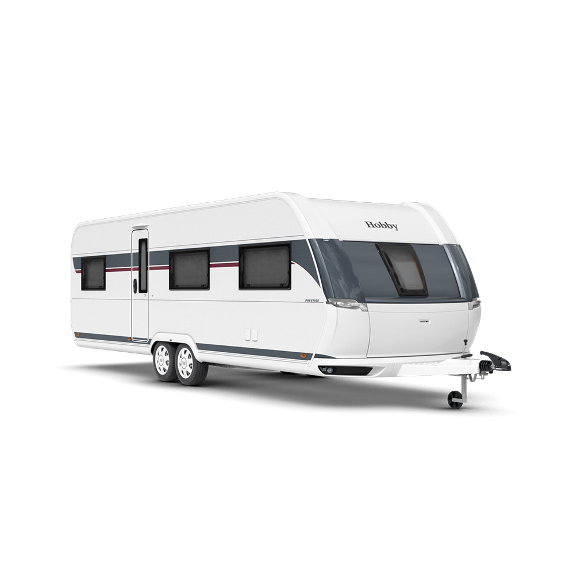 Der Hobby PRESTIGE Wohnwagen freigestellt von schräg vorne.