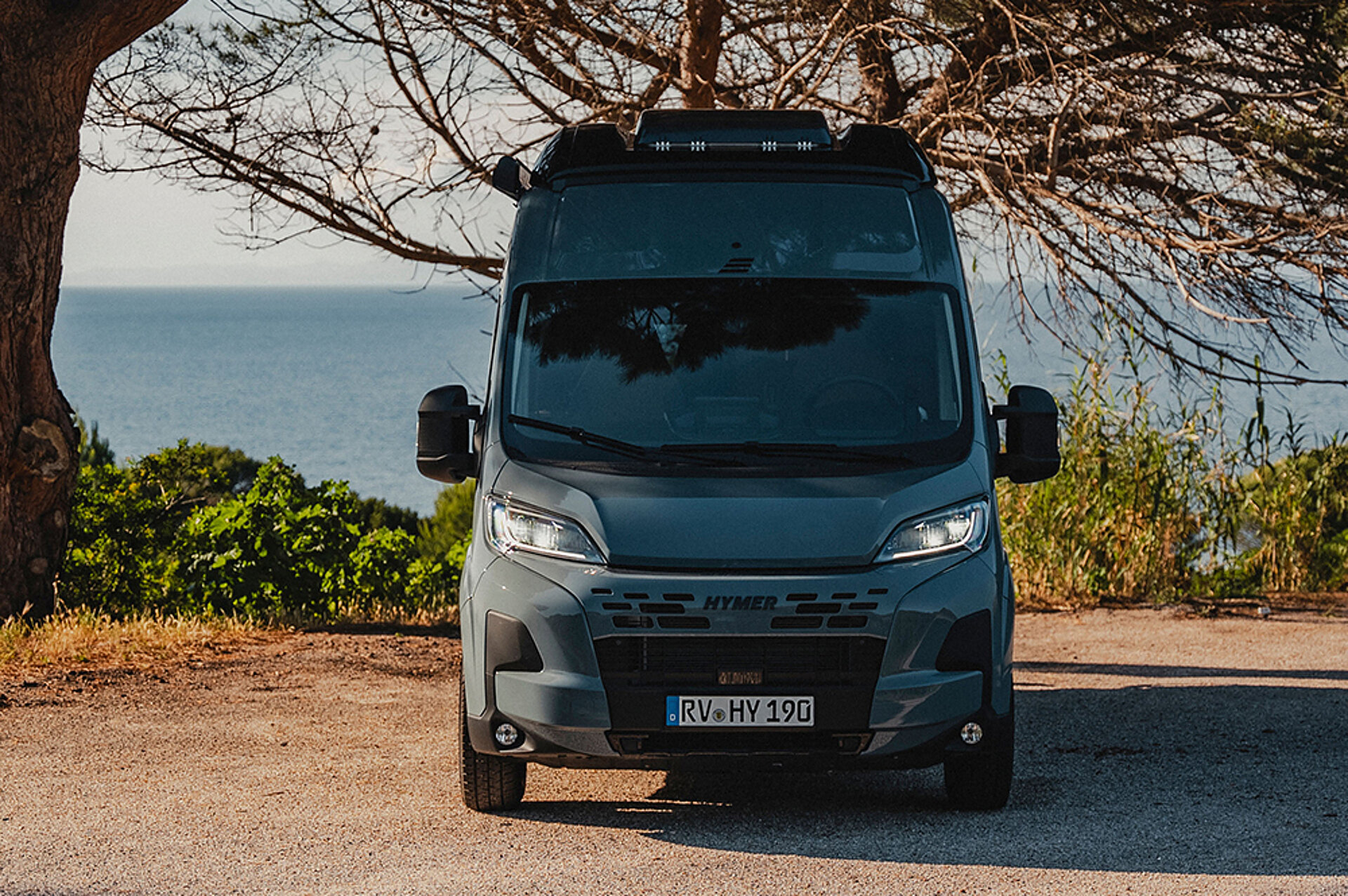 Urban inspiriert. Outdoor ready. Der HYMER Redwood. Frontale Ansicht auf den HYMER Redwood, der vor einem Baum steht.
