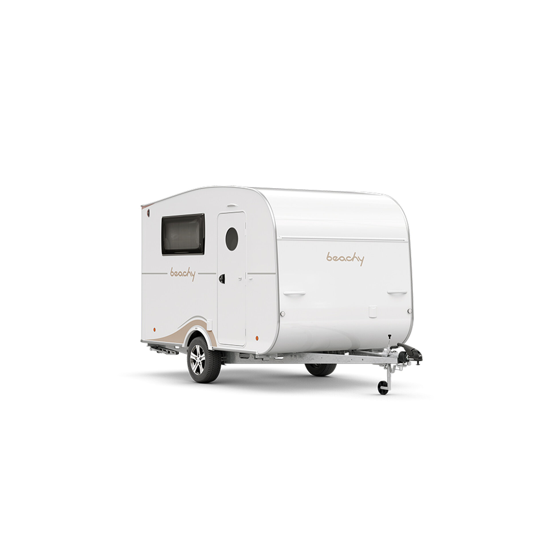 Der Hobby BEACHY Wohnwagen freigestellt von schräg vorne.