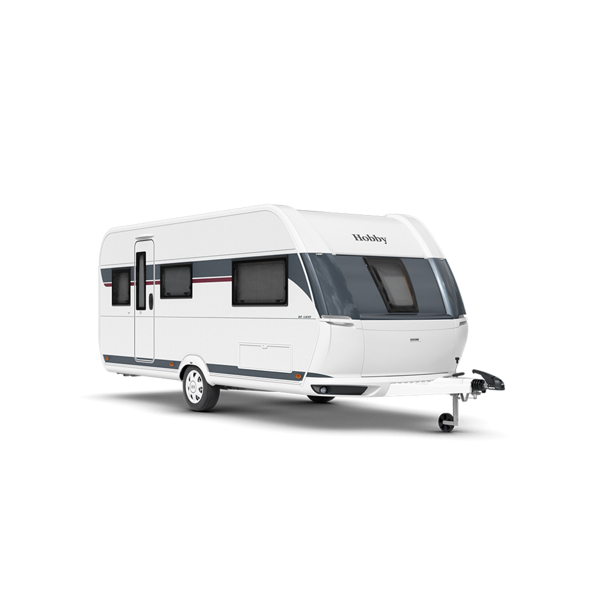 Der Hobby DE LUXE Wohnwagen freigestellt von schräg vorne.