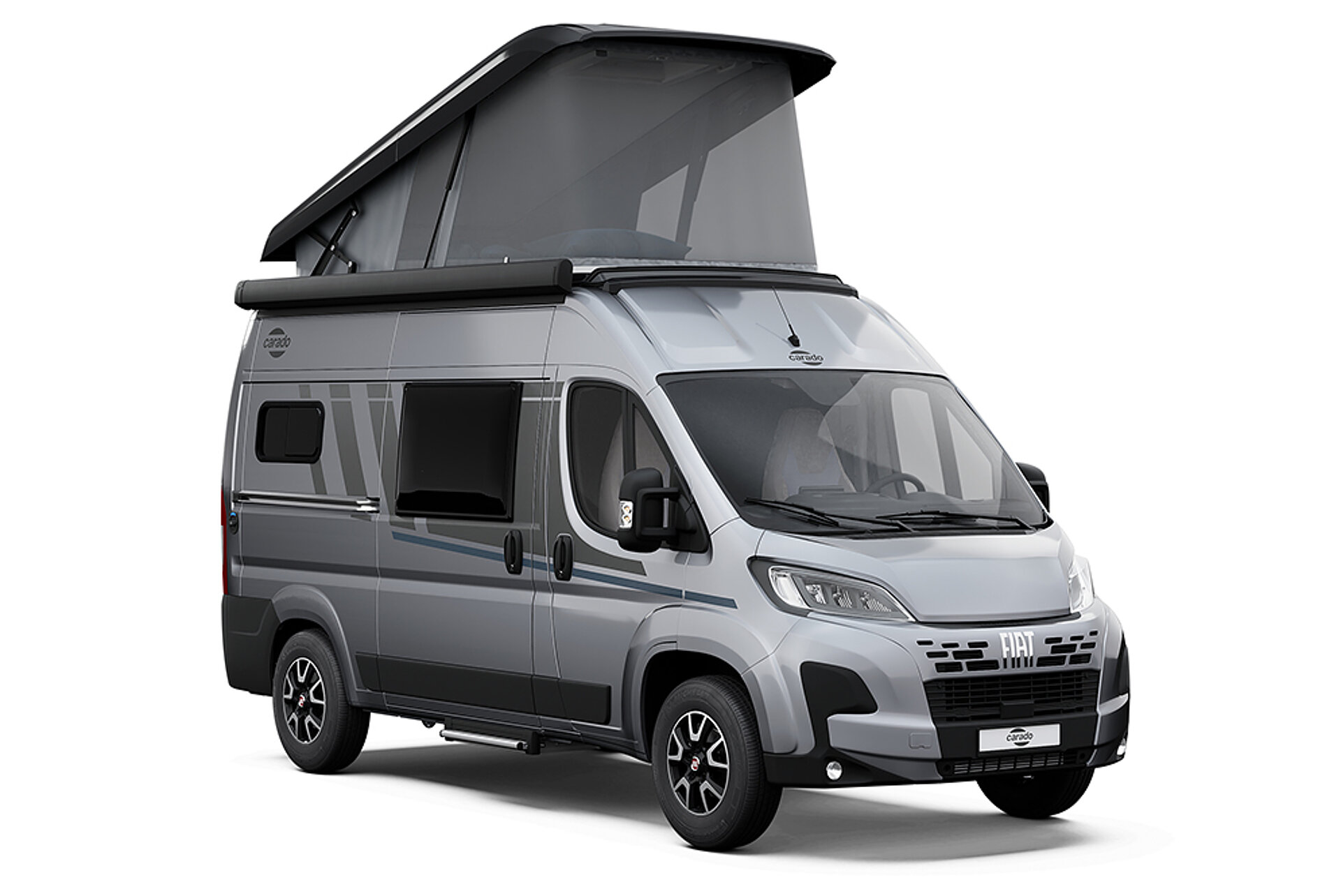 Freigestellte Ansicht eines Carado Kastenwagens mit Aufstelldach.