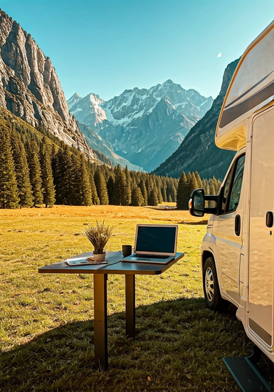 Wohnmobil mit einem offenem Laptop daneben. Dahinter Wald und Bergen mit Schnee.