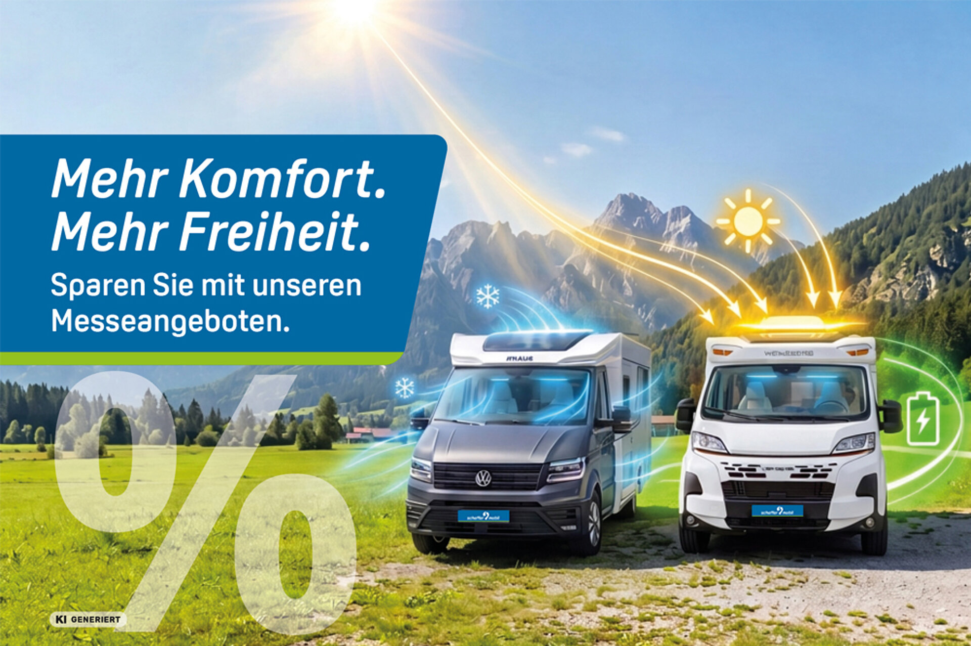 Zwei Wohnmobile auf einer Wiese mit Icons als Verdeutlichung der Messedeals.