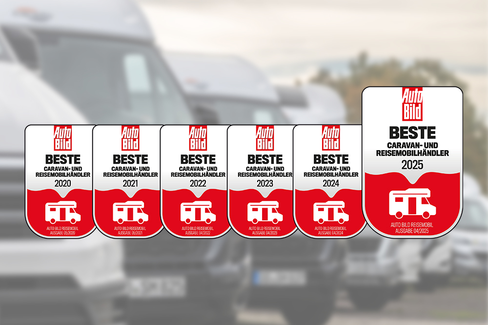 Die sechs Auszeichnungslogos als AUTO BILD REISEMOBIL bester Reisemobilhändler. 