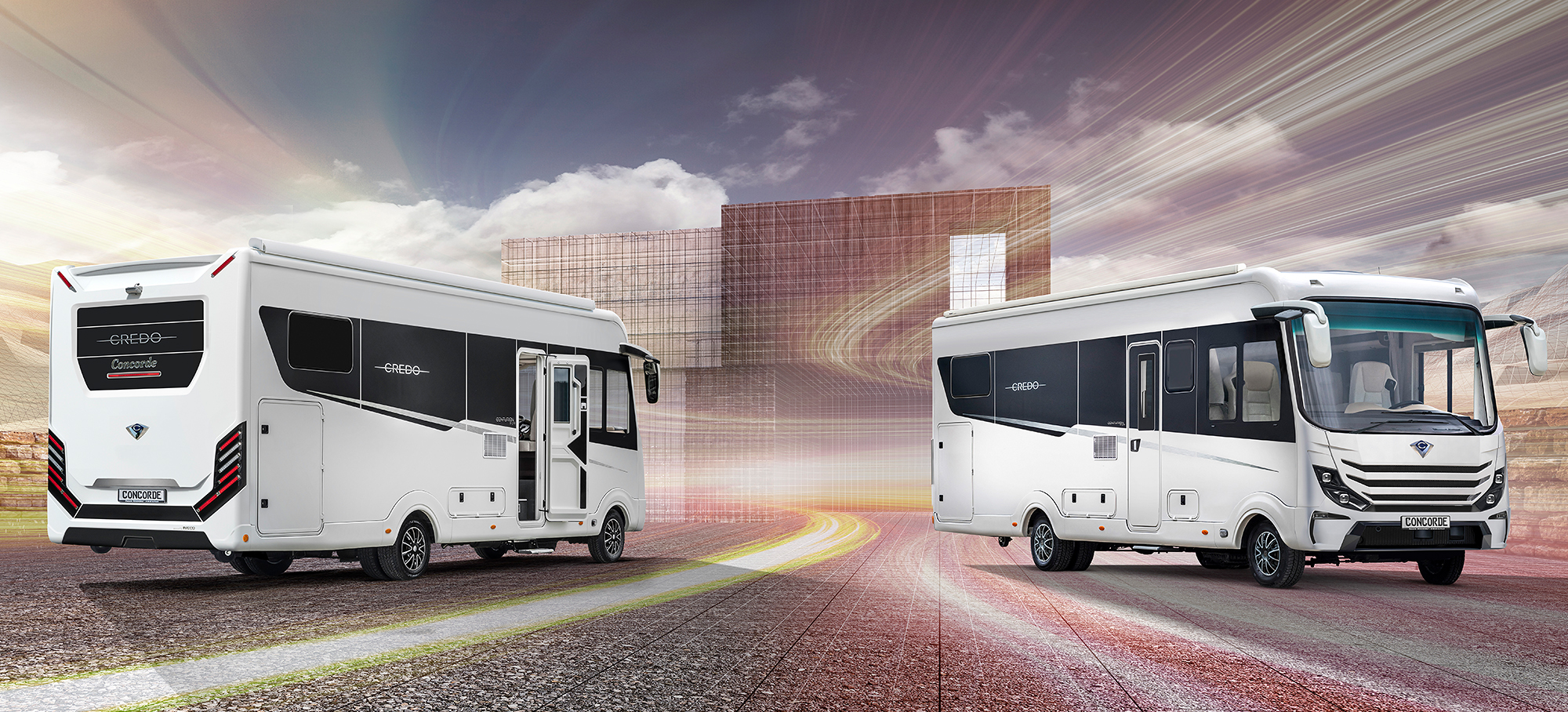 Entdecken Sie die kompakte Luxusklasse – den Concorde Credo. Heck- und Frontansicht des Concorde Credo vor einem futuristischen Gebäude.