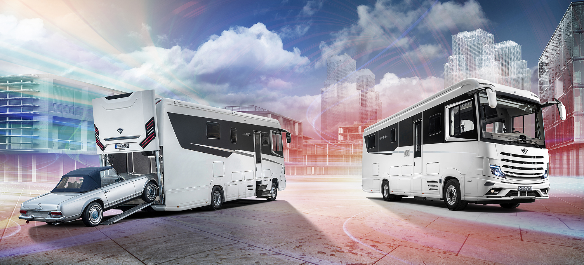 Luxus auf ganzer Linie – der Concorde Liner. Zwei Darstellungen des Concorde Liner vor einem futuristischen Hintergrund.